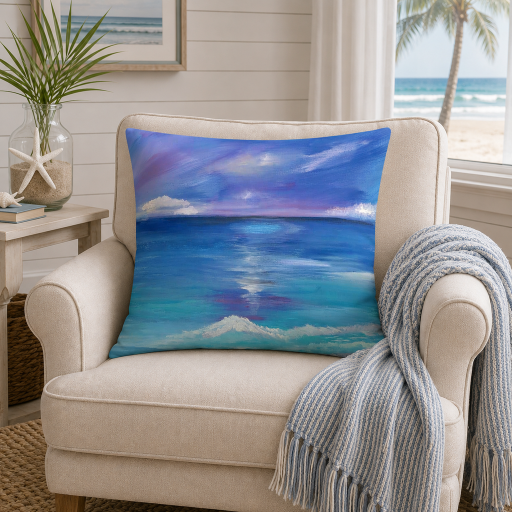 Ocean Sunset Decorative Pillow — Coastal Watercolor Throw Cushion