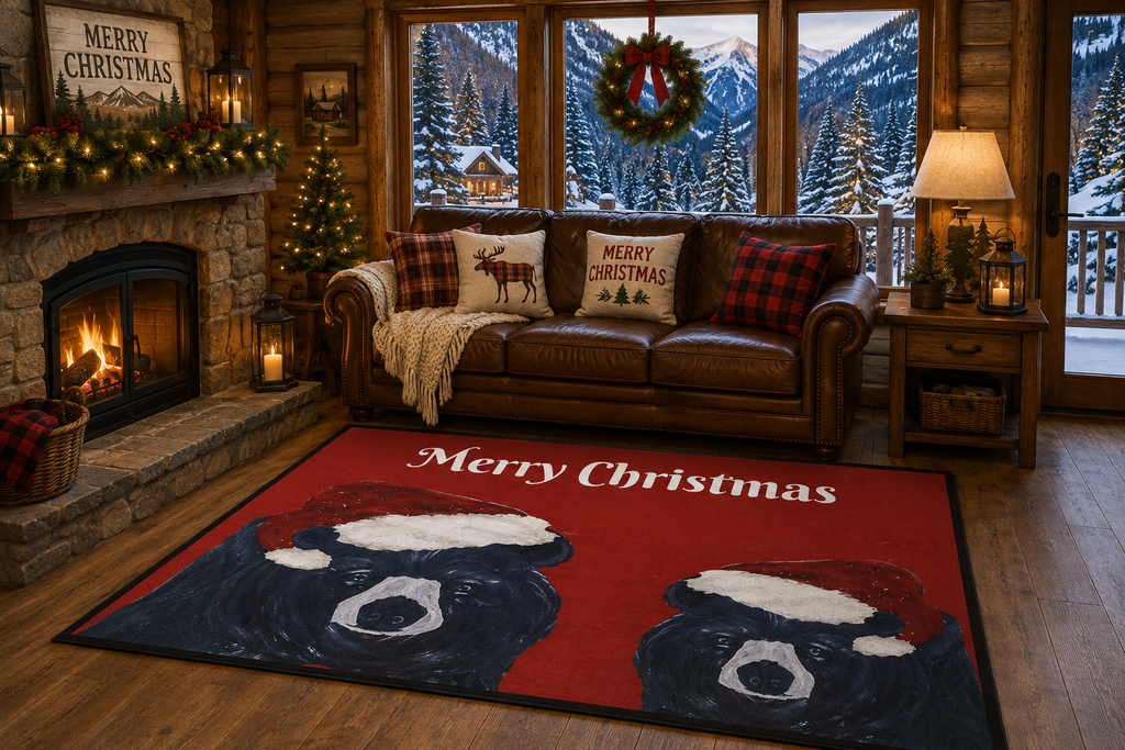 Merry Christmas Bear Floor Mat — Heavy-Duty Holiday Door Rug