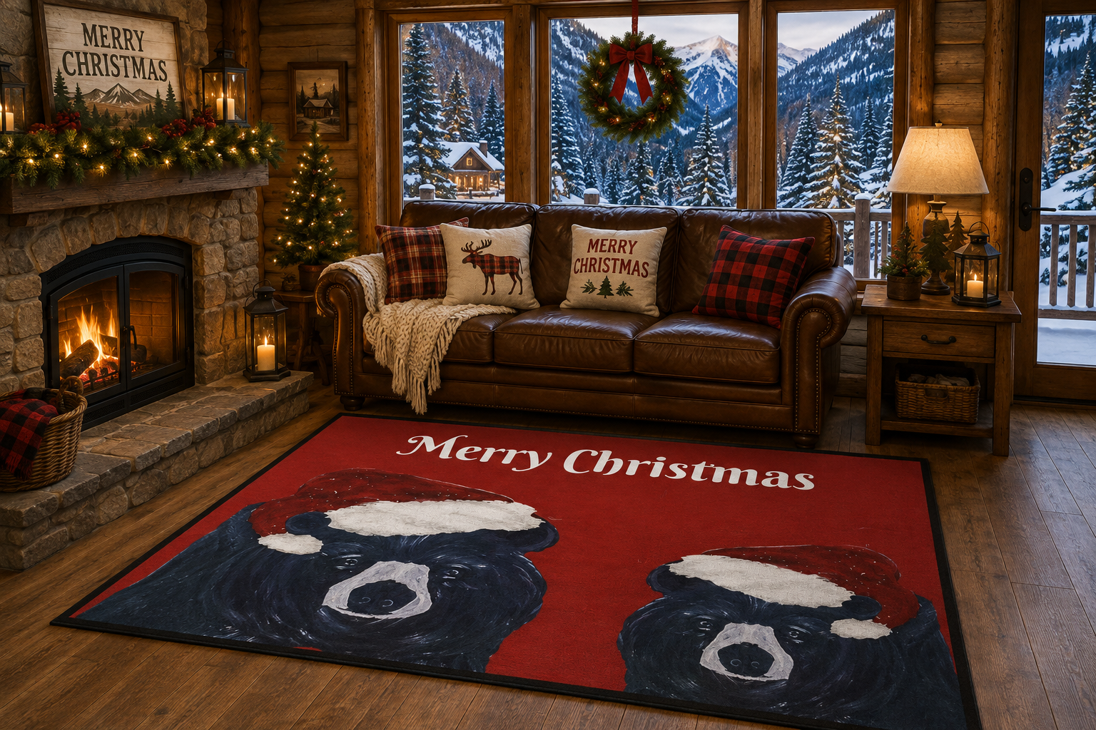 Merry Christmas Bear Floor Mat — Heavy-Duty Holiday Door Rug