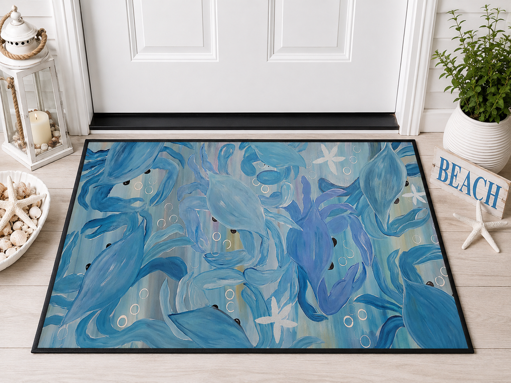 Blue Crab party Ocean Waves Heavy-Duty Floor Mat — Abstract Seascape Entrance Mat