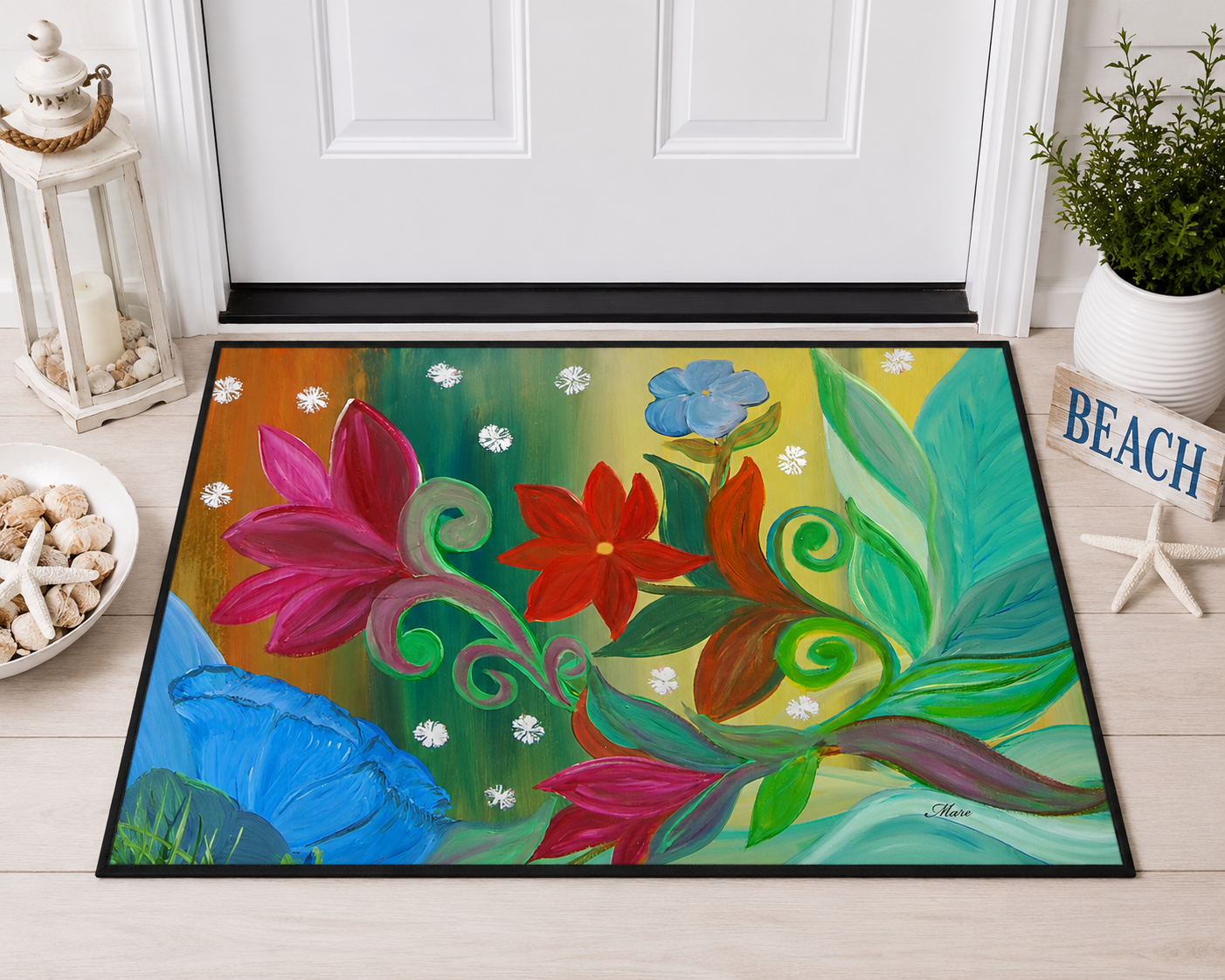 Floral Bloom Heavy Duty Floor Mat – Colorful Tropical Flowers Welcome Rug