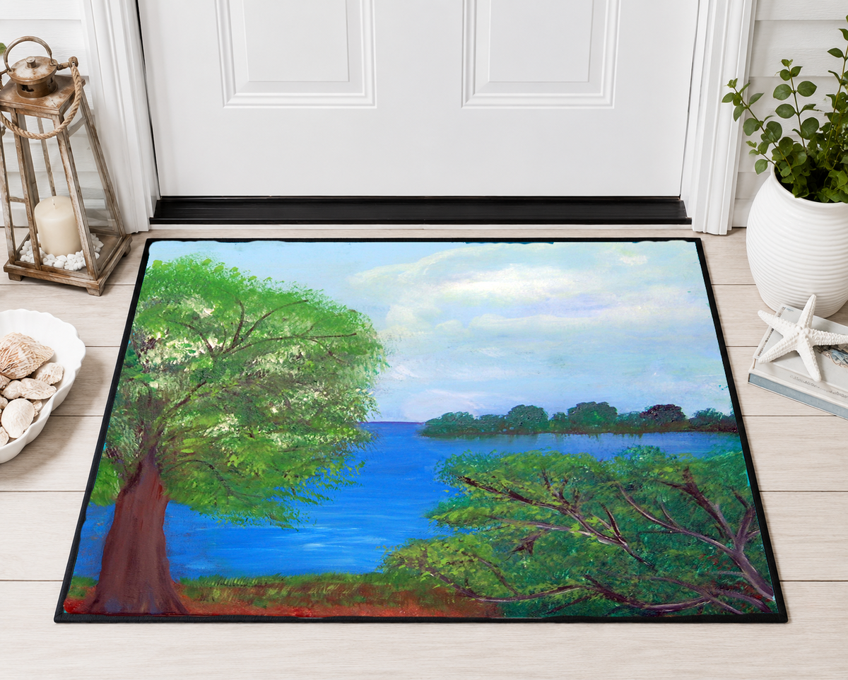 Scenic Lakeview Doormat — Rustic Cabin & Lake House Entryway Rug