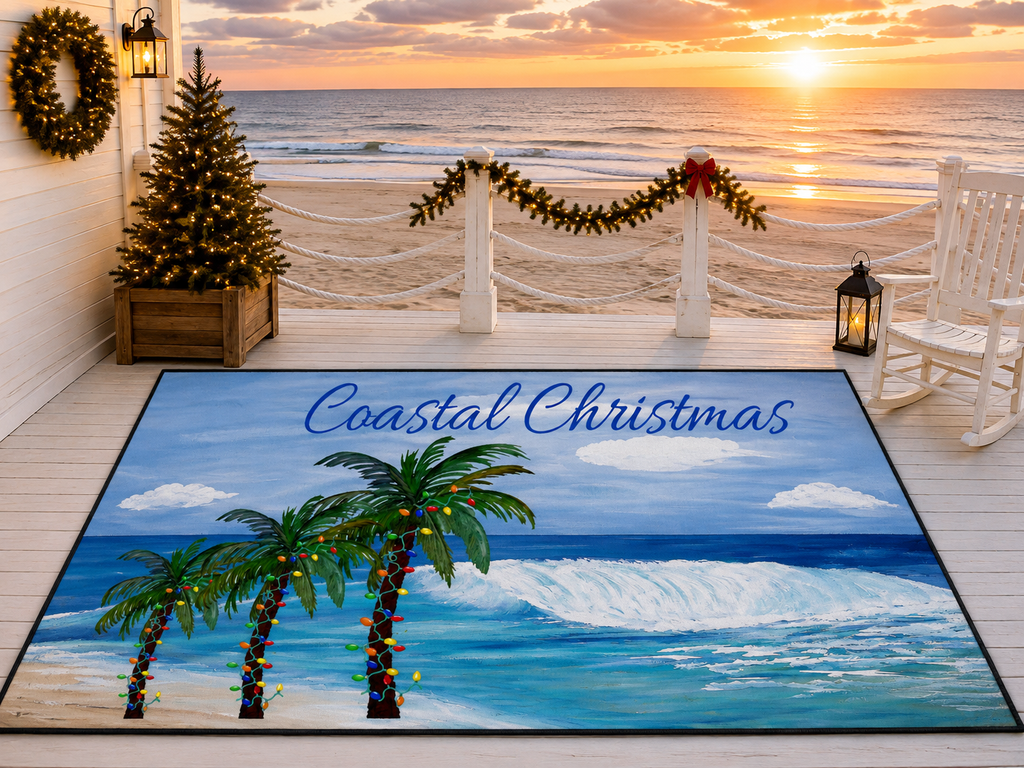 Coastal Christmas Floor Mat — Beach Palm Trees Holiday Doormat