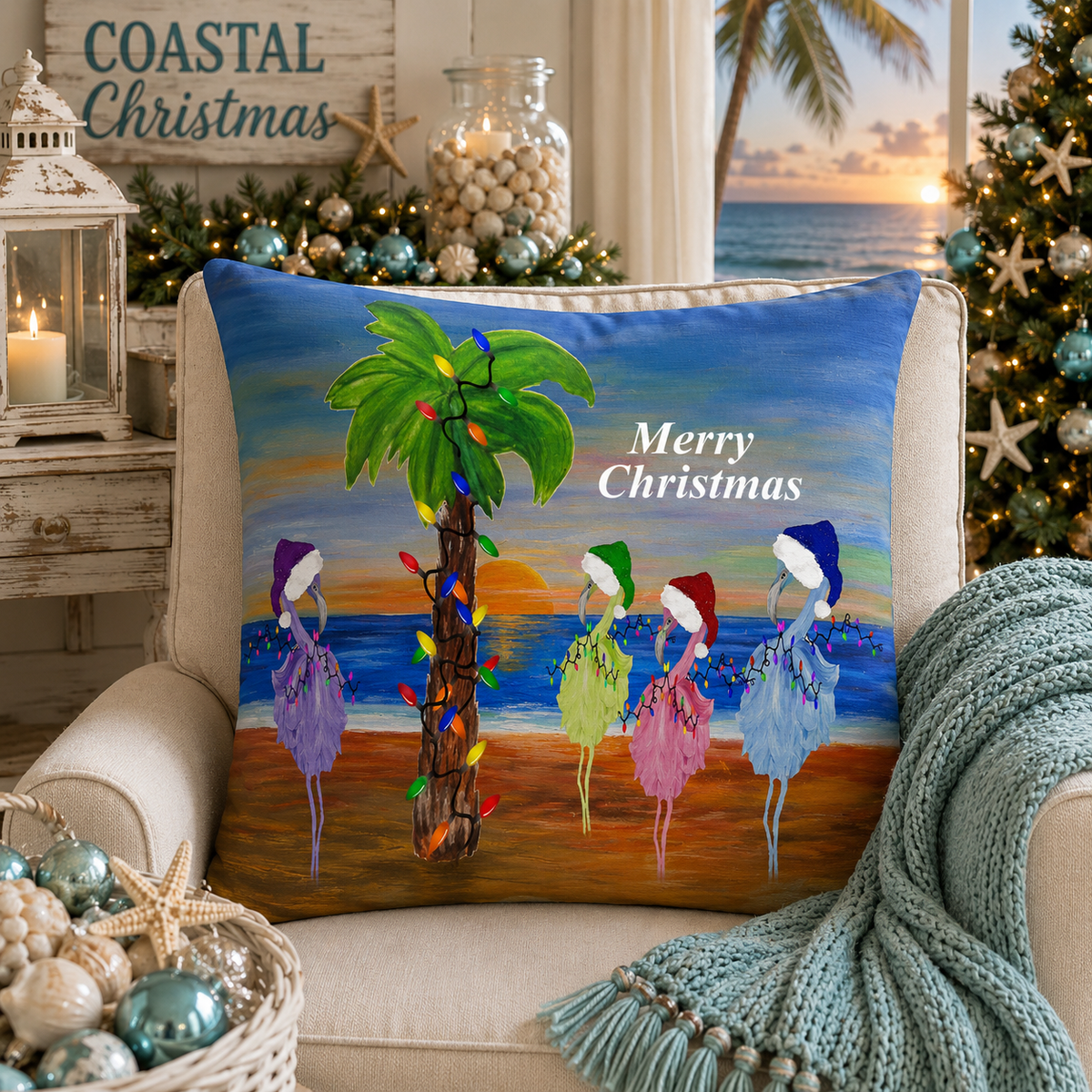 Flamingos Merry Christmas Tropical Palm Pillow — Festive Beach Holiday Decor