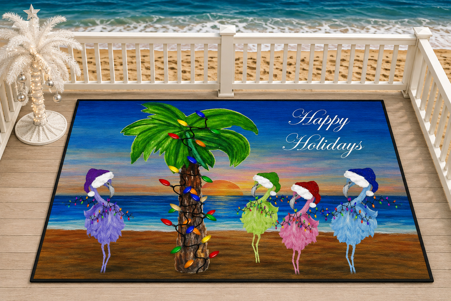Holiday Beach Floor Mat — "Happy Holidays" Palm Tree & Colorful flamingos Doormat