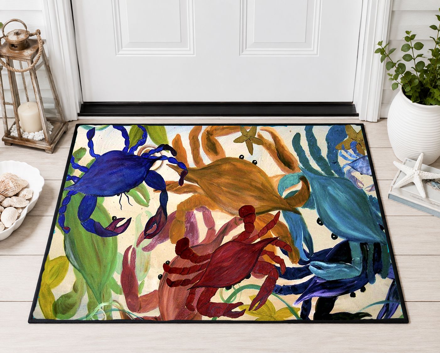 Crab Party Coastal Heavy-Duty Floor Mat — Colorful Crab Beach Doormat