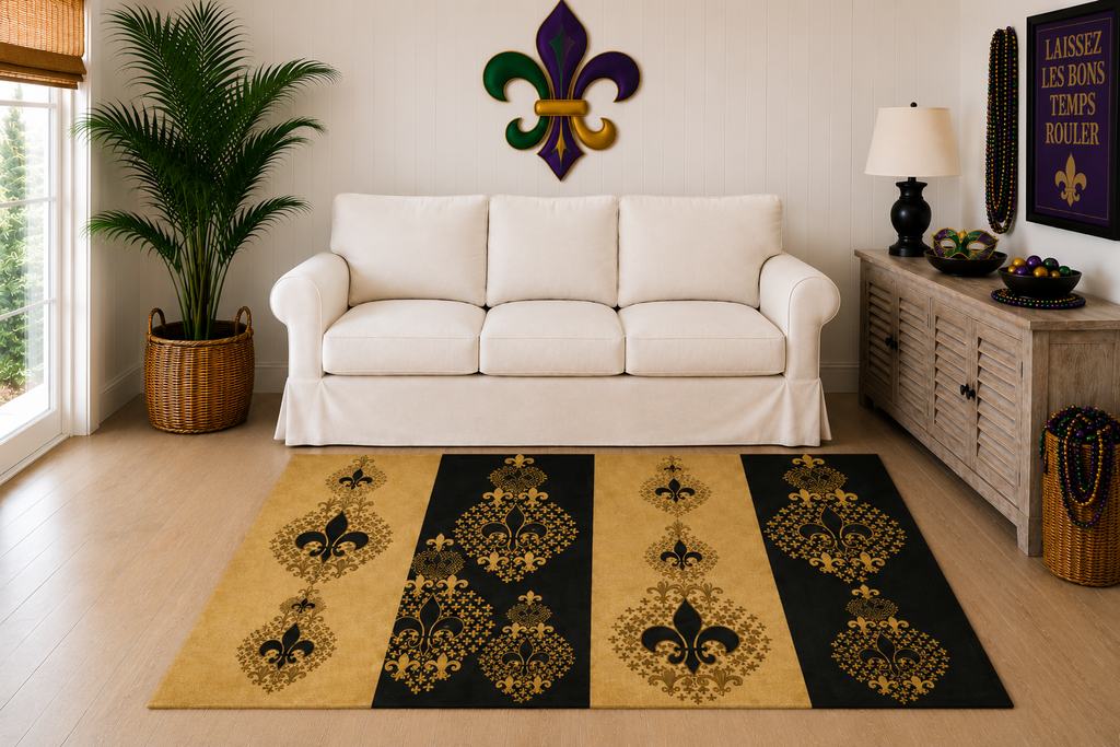 Fleur-de-Lis Striped Area Rug — Elegant Gold & Black Decorative Mat