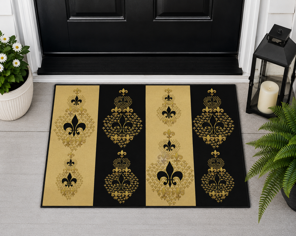 Fleur-de-Lis Heavy Duty Floor Mat — Black & Gold Decorative Entry Rug
