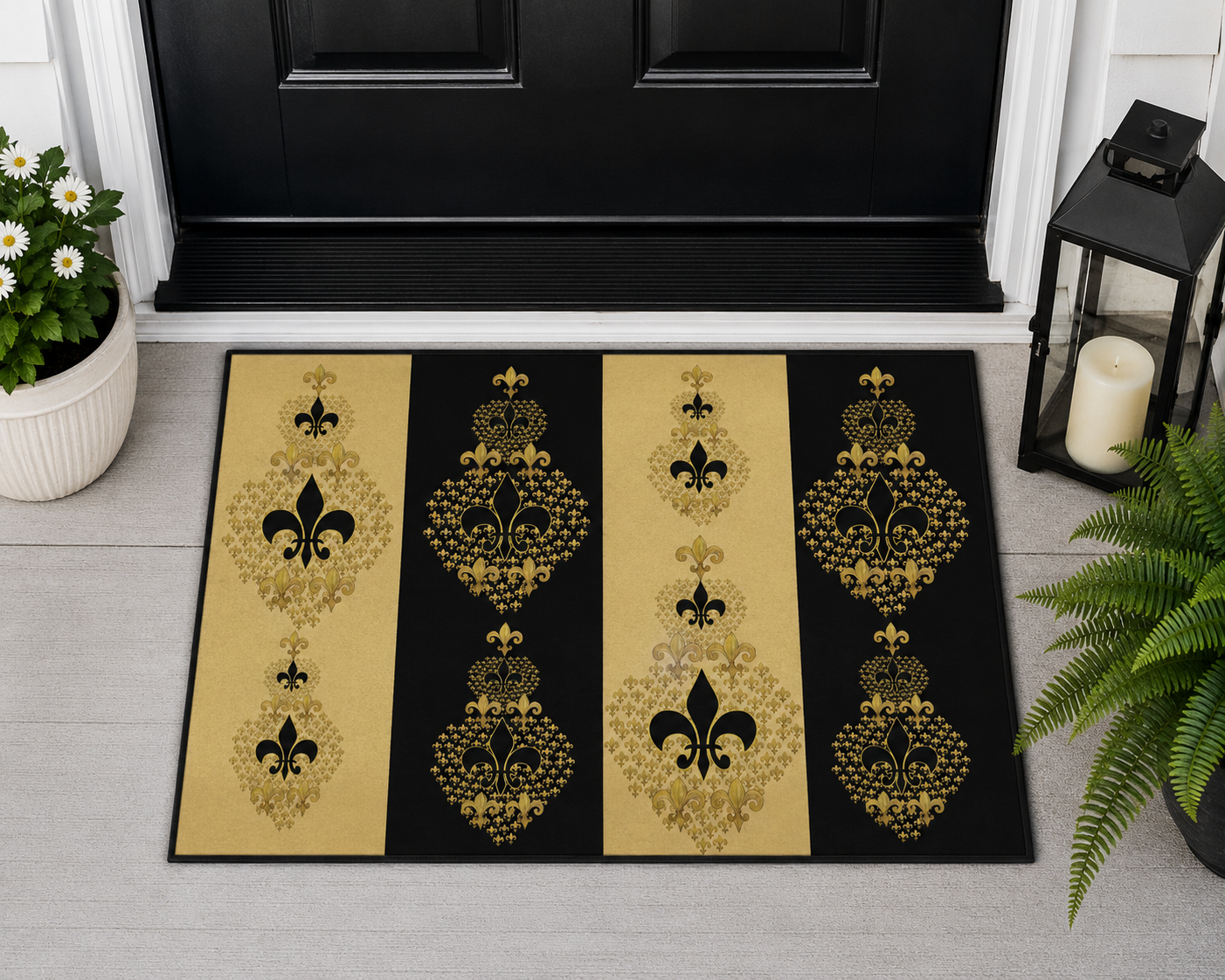 Fleur-de-Lis Heavy Duty Floor Mat — Black & Gold Decorative Entry Rug
