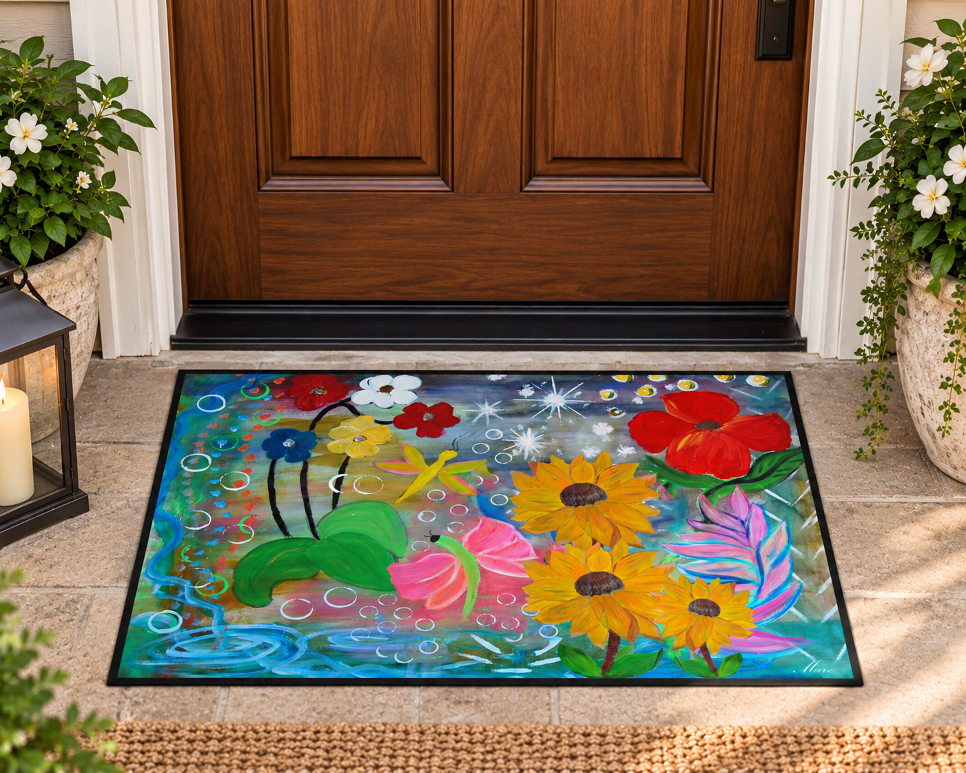 Floral Garden Heavy Duty Floor Mat — Colorful Sunflowers & Poppies Doormat