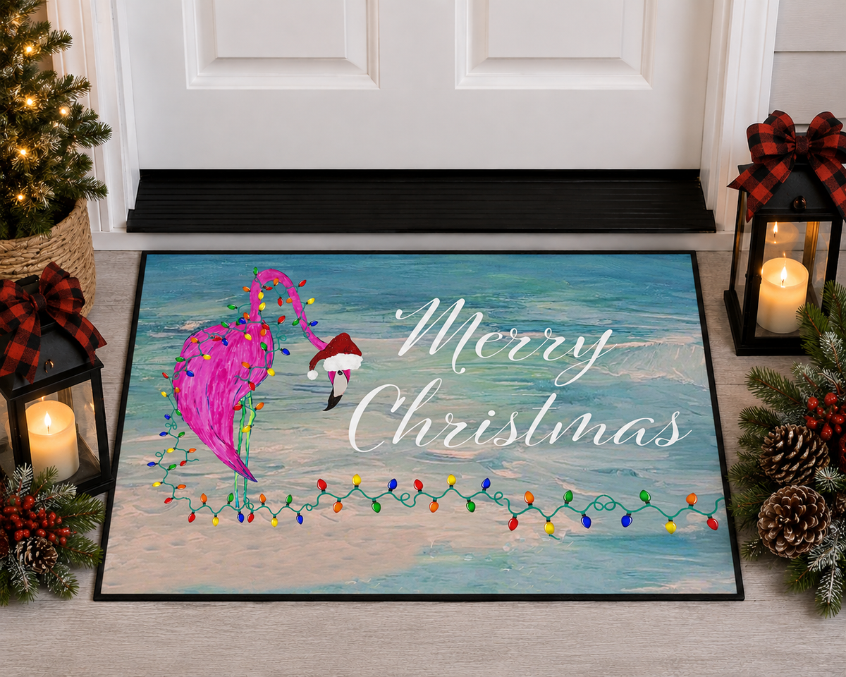 Christmas Flamingo Heavy-Duty Floor Mat — 'Merry Christmas' Holiday Doormat