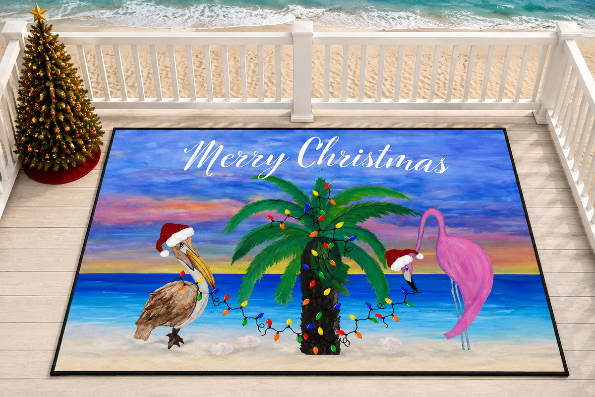 Coastal Christmas Doormat – Pelican, Flamingo & Palm Tree Holiday Floor Mat