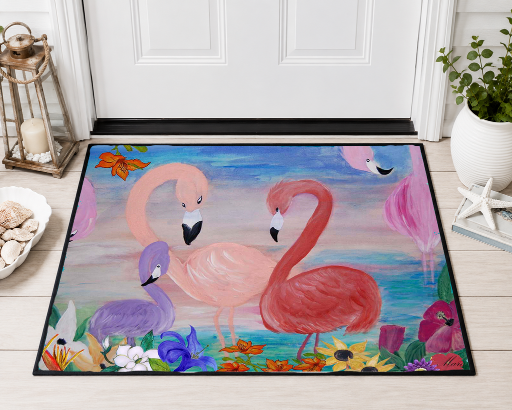 Flamingo Garden Doormat — Tropical Pink Flamingo Entryway Rug