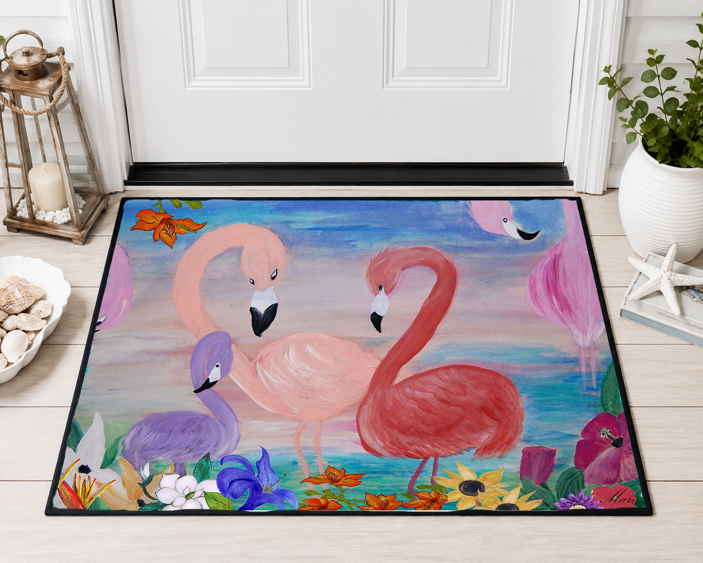 Flamingo Garden Doormat — Tropical Pink Flamingo Entryway Rug