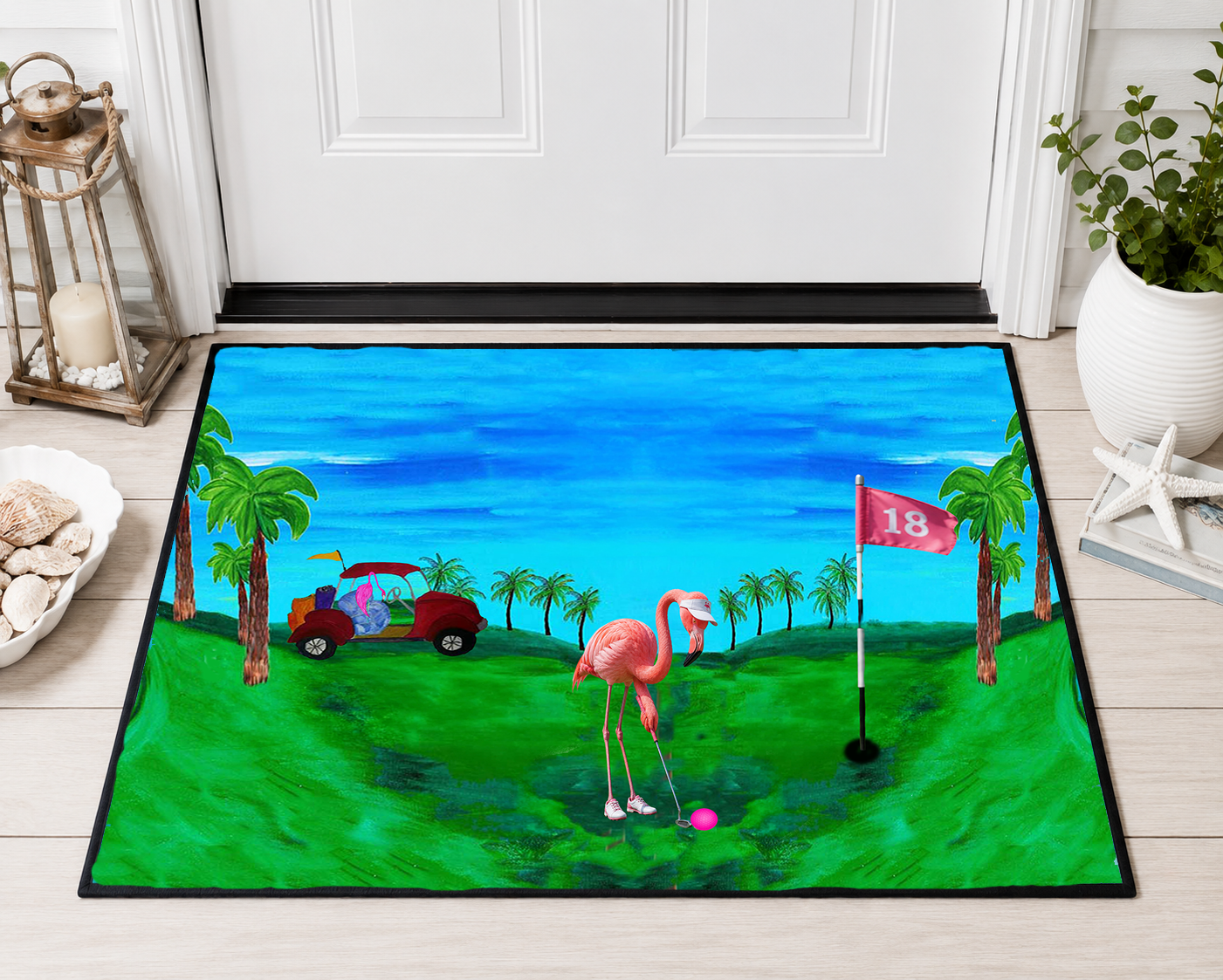 Golf Flamingo Heavy Duty Floor Mat — Tropical 18th Hole Welcome Mat