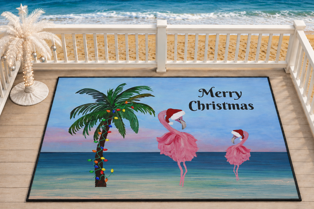 Christmas Flamingo & Palm Doormat – Tropical Holiday Beach Floor Mat