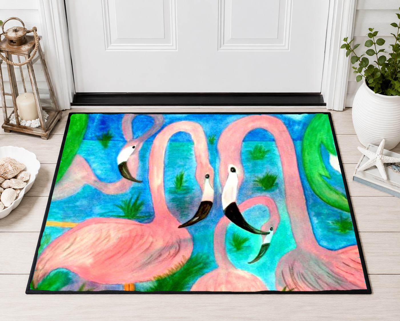 Flamingo Tropical Heavy Duty Floor Mat — Colorful Pink Birds Doormat