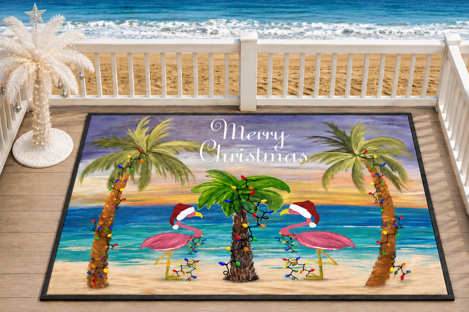 Flamingo Christmas Doormat – Tropical Palm Tree Holiday Floor Mat