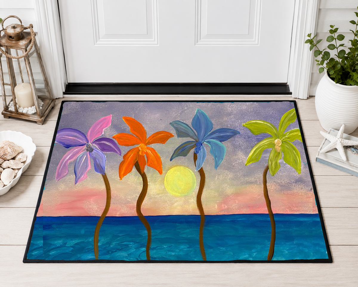 Tropical Sunset Colorful Palm Trees Floor Mat