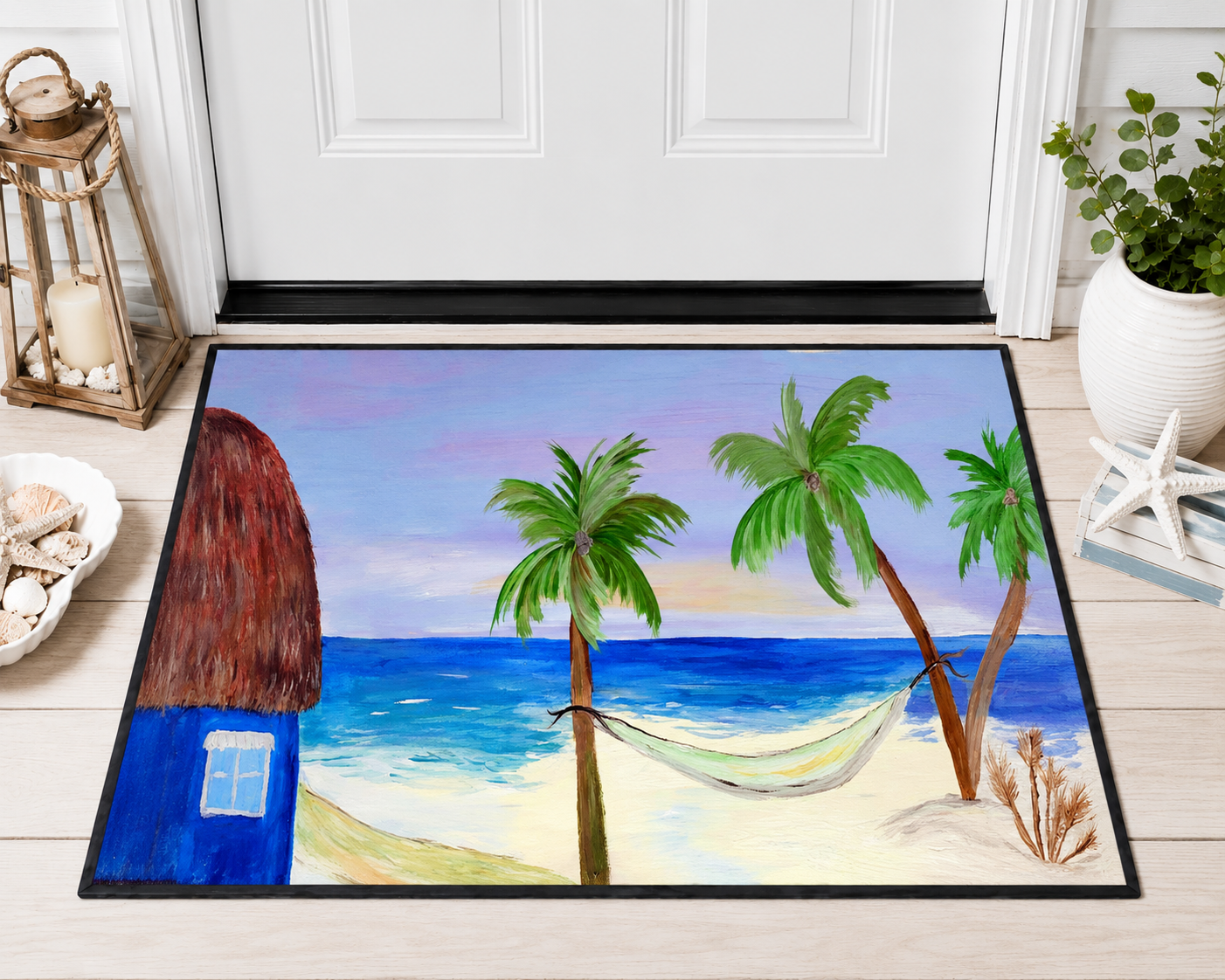 Beach Scene Heavy Duty Floor Mat — Tropical Hammock Palm Tree Doormat