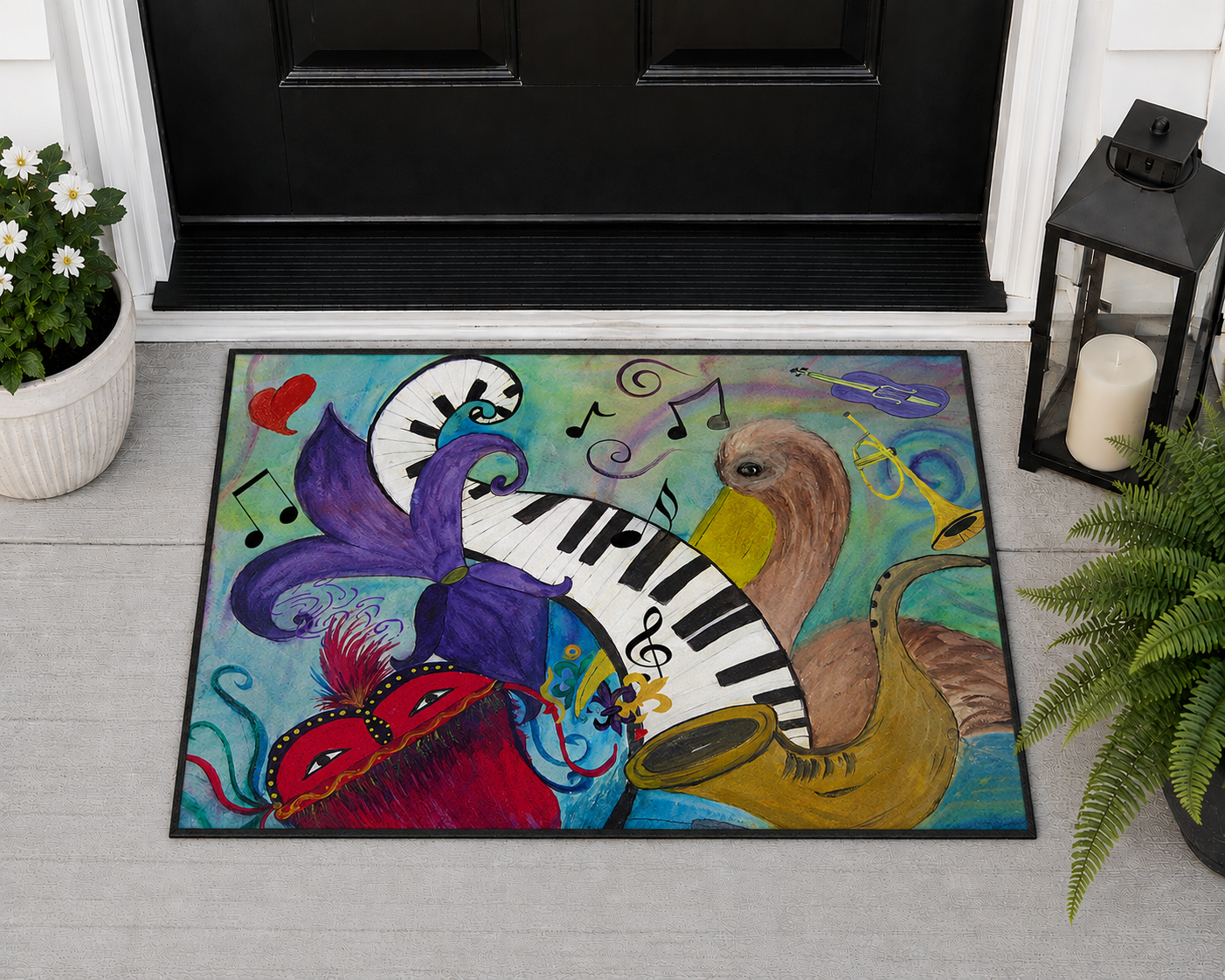 Mardi Gras Jazz Floor Mat — Colorful Musical Mask & Saxophone Doormat