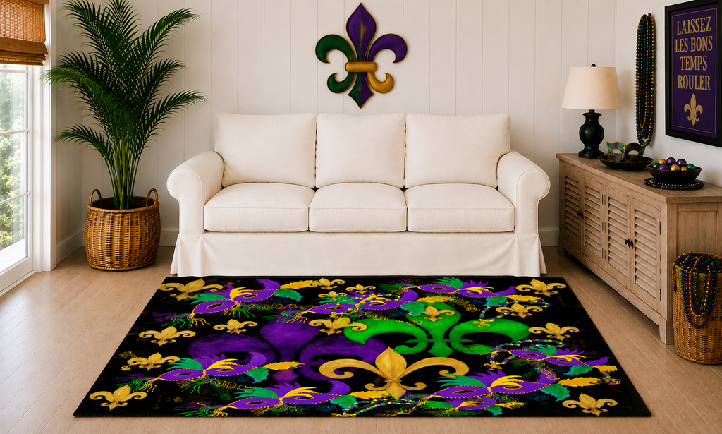 Mardi Gras Fleur-de-Lis Area Rug — Purple, Green & Gold Carnival Design