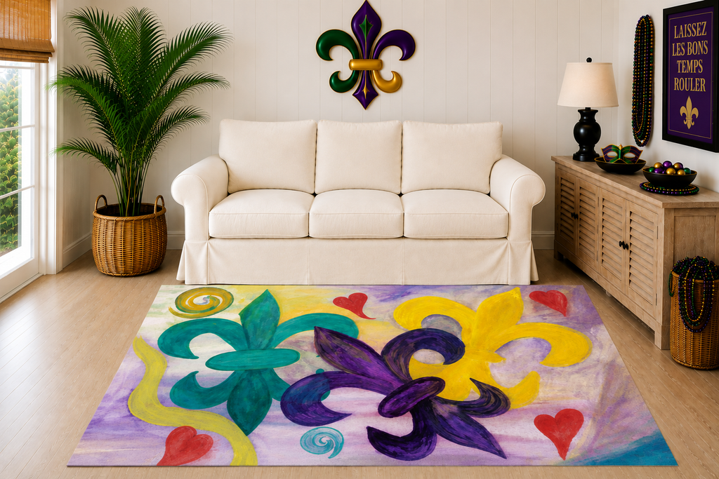 Fleur-de-Lis Mardi Gras Area Rug – Colorful Purple, Gold & Green Decorative Accent Rug