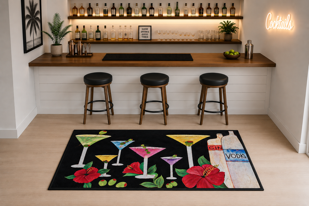 Cocktail Bar Floor Mat — Colorful Martini & Spirits Floral Mat
