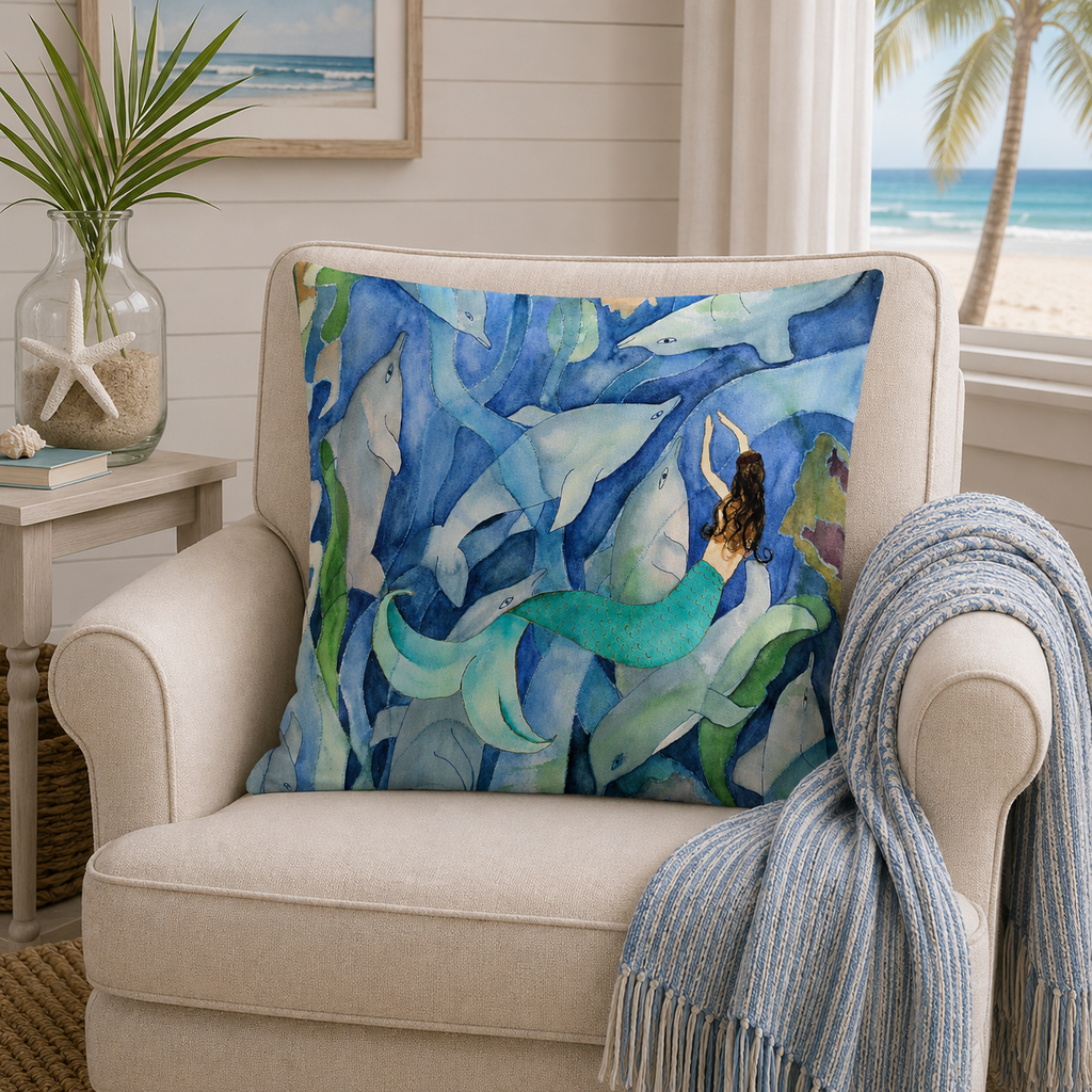 Mermaid & Dolphins Blue Watercolor Throw Pillow