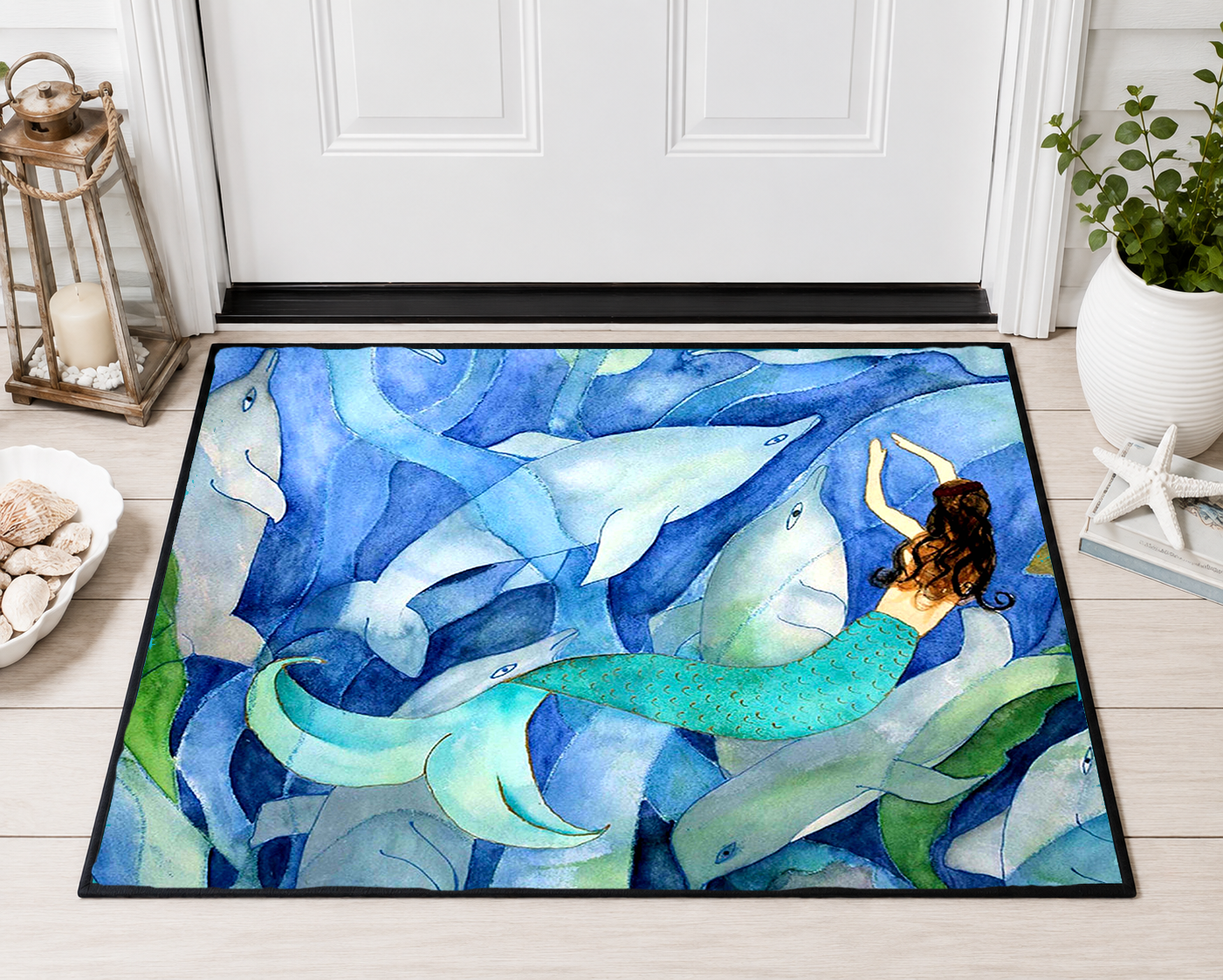 Mermaid and Dolphins Ocean Floor Mat — Heavy-Duty Nautical Doormat