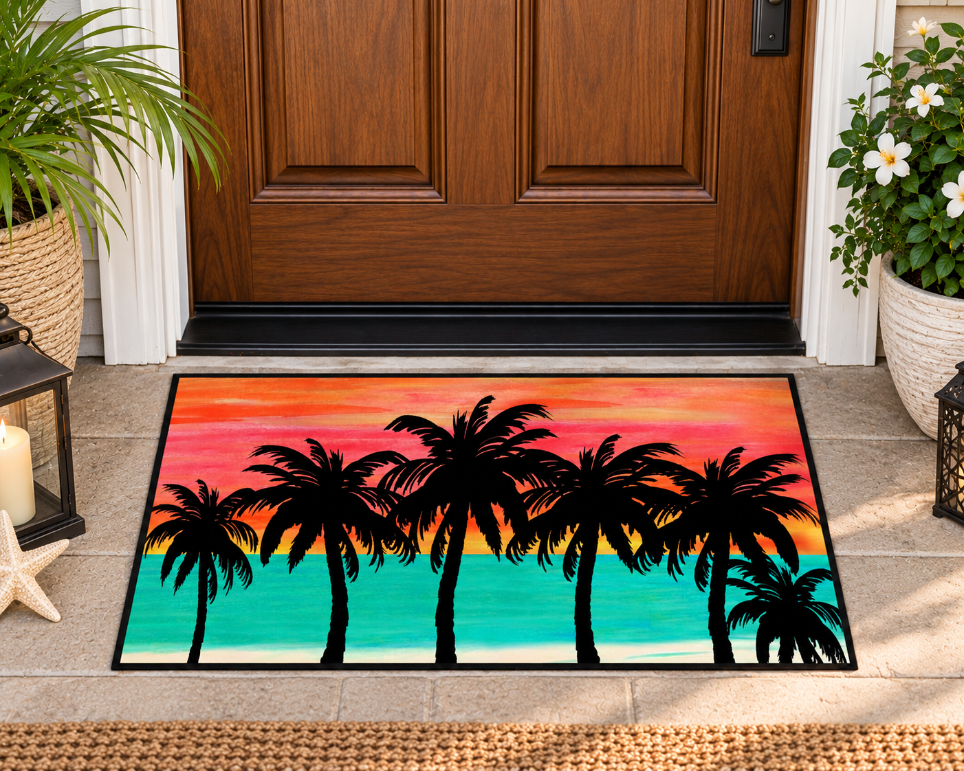 Tropical Sunset Floor Mat — Heavy-Duty Palm Tree Doormat