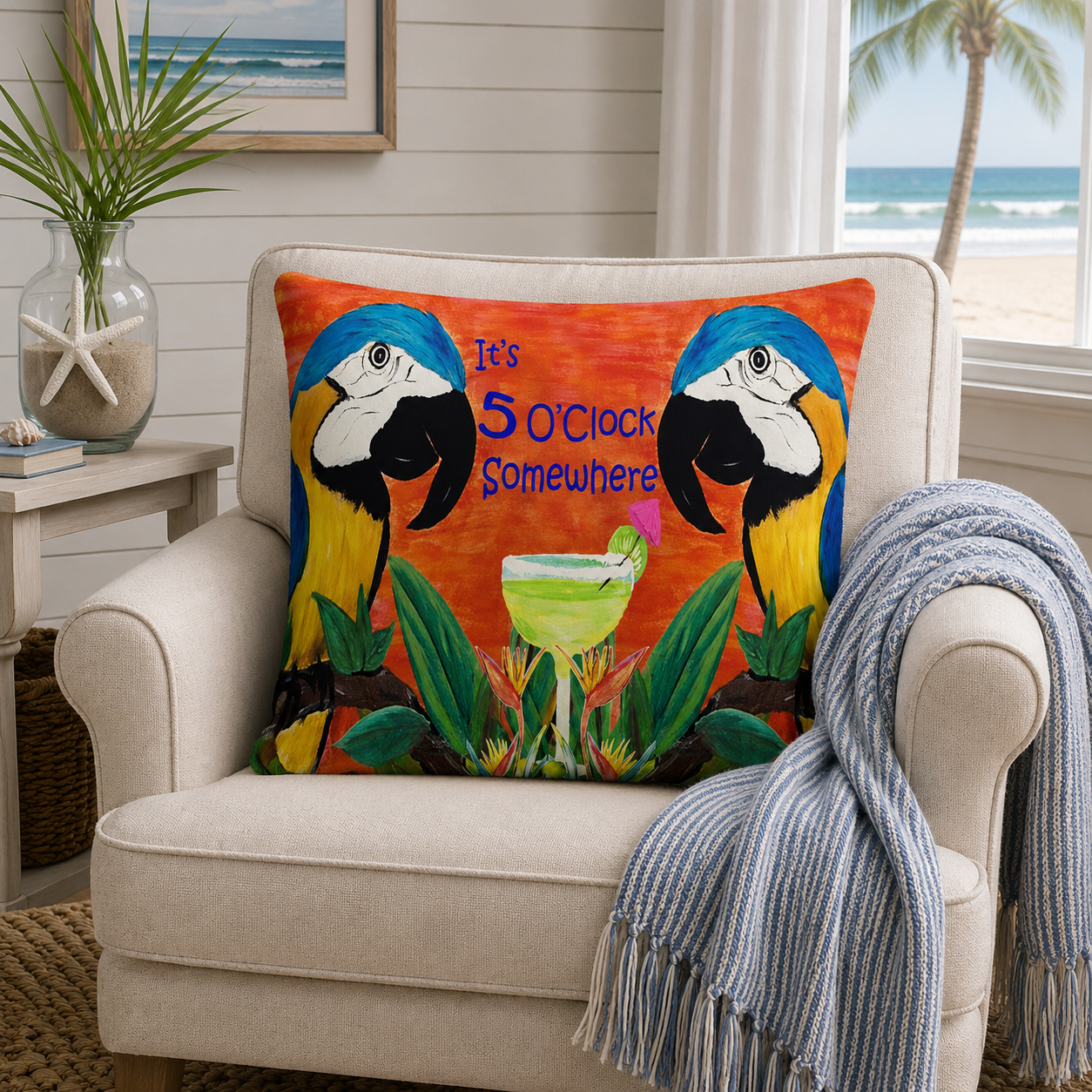 Square Pillow — Tropical Parrot 'It's 5 O'Clock Somewhere' Cocktail Design
