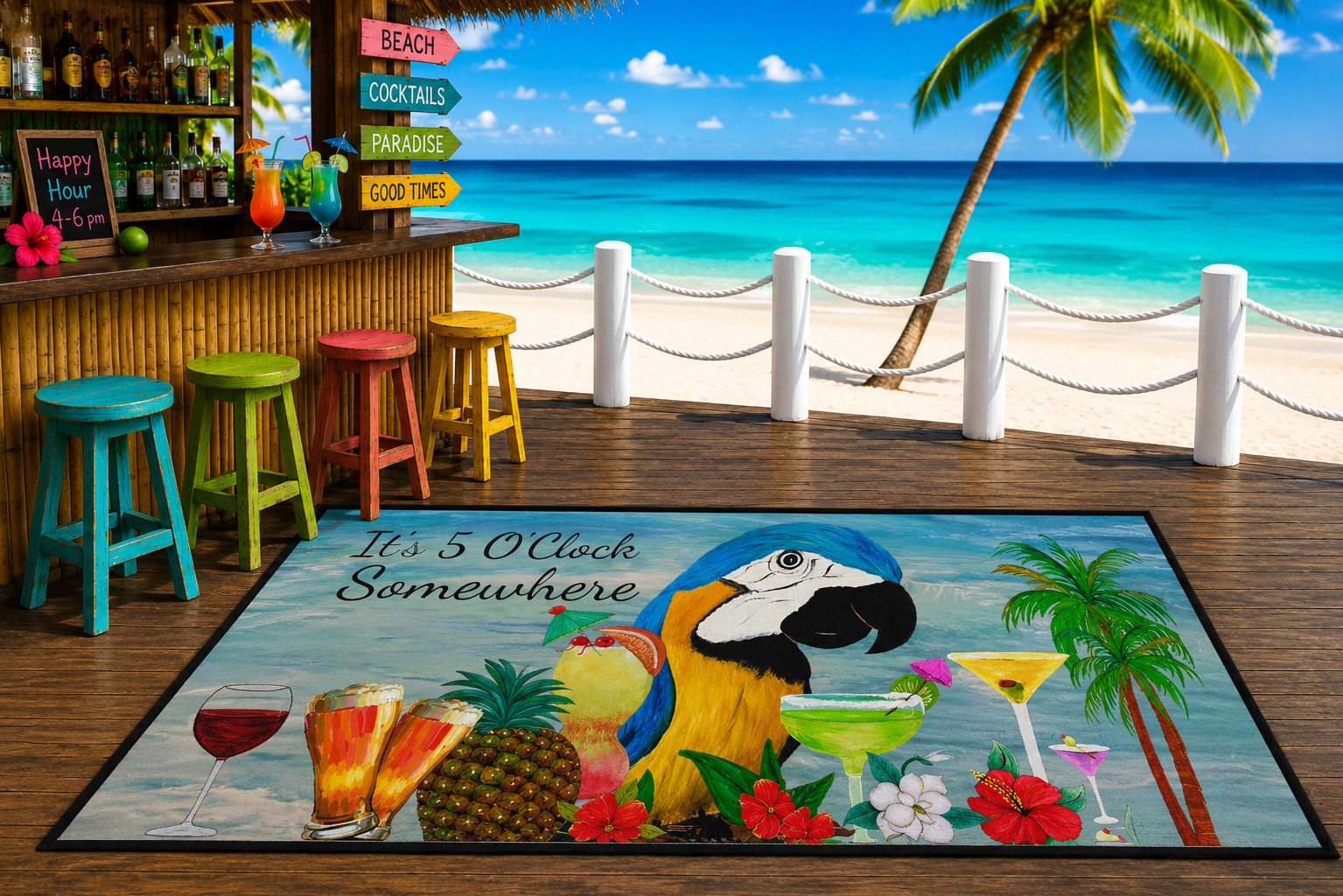 Parrot Bar Heavy Duty Floor Mat — "It's 5 O'Clock Somewhere" Tropical Parrot Drink Mat
