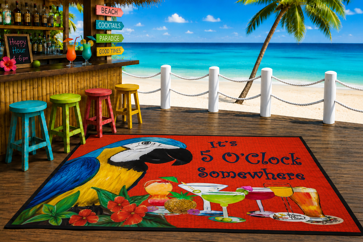 Doormat - "It's 5 O'Clock Somewhere" Parrot Cocktail Heavy Duty Floor Mat