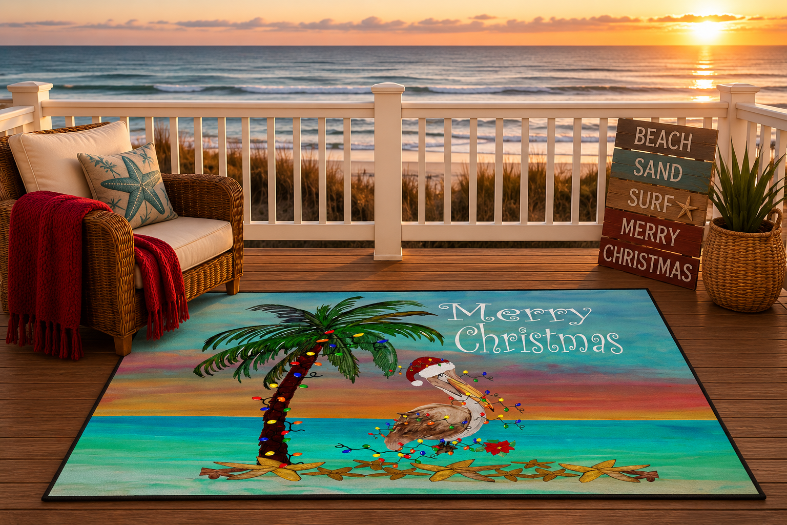 Christmas Pelican & Palm Tree Doormat – Coastal Holiday Beach Floor Mat