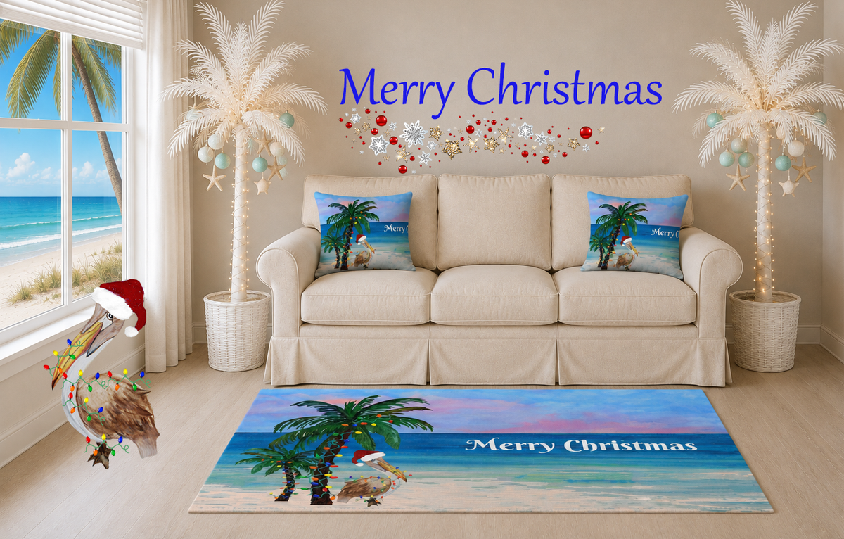 Merry Christmas Beach Area Rug – Tropical Palm & Pelican Holiday Mat