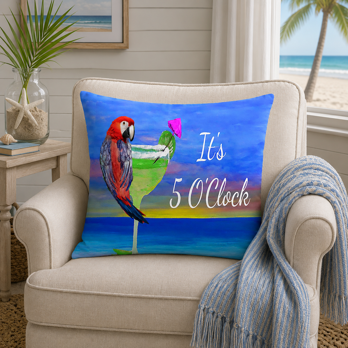 Pretty Parrot Margarita It's 5 O'clock tropical bar Spun Polyester Square Pillow