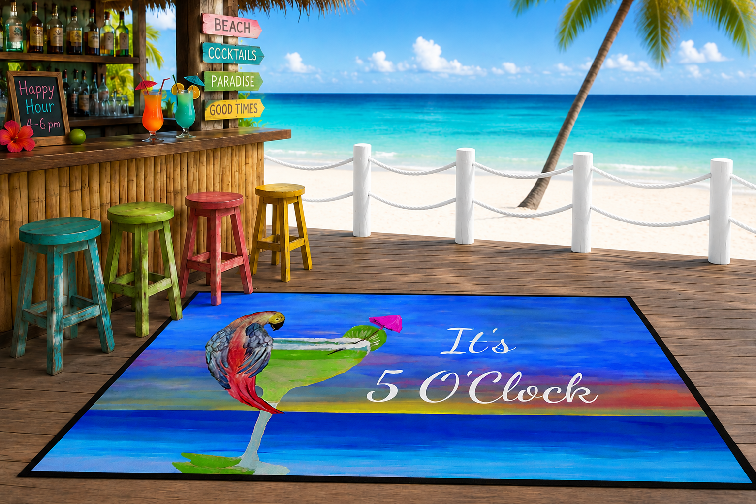 It's 5 O'Clock Parrot Margarita Beach Cocktail Floor Mat - Tropical Parrot Drink Doormat