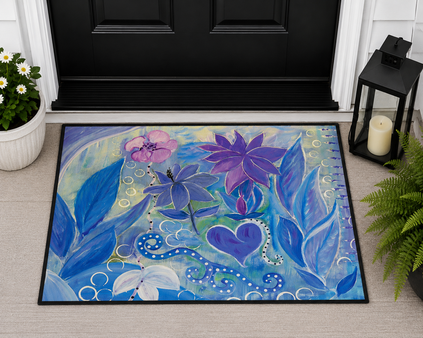 Floral Heart Heavy-Duty Floor Mat — Purple Blue Garden Door Mat