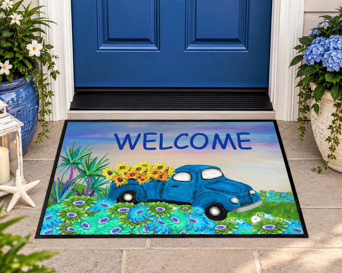 Welcome Blue Truck Doormat - Heavy Duty Floor Mat with Sunflowers