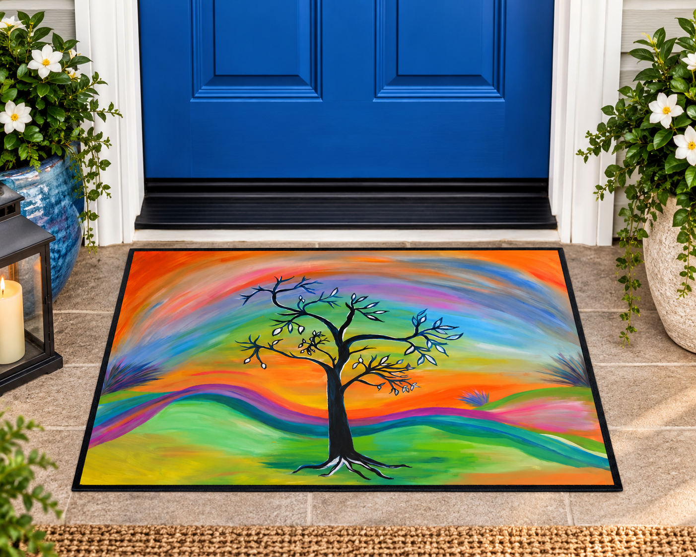 Retro Colorful Tree Heavy-Duty Floor Mat — Vibrant Abstract Welcome Rug