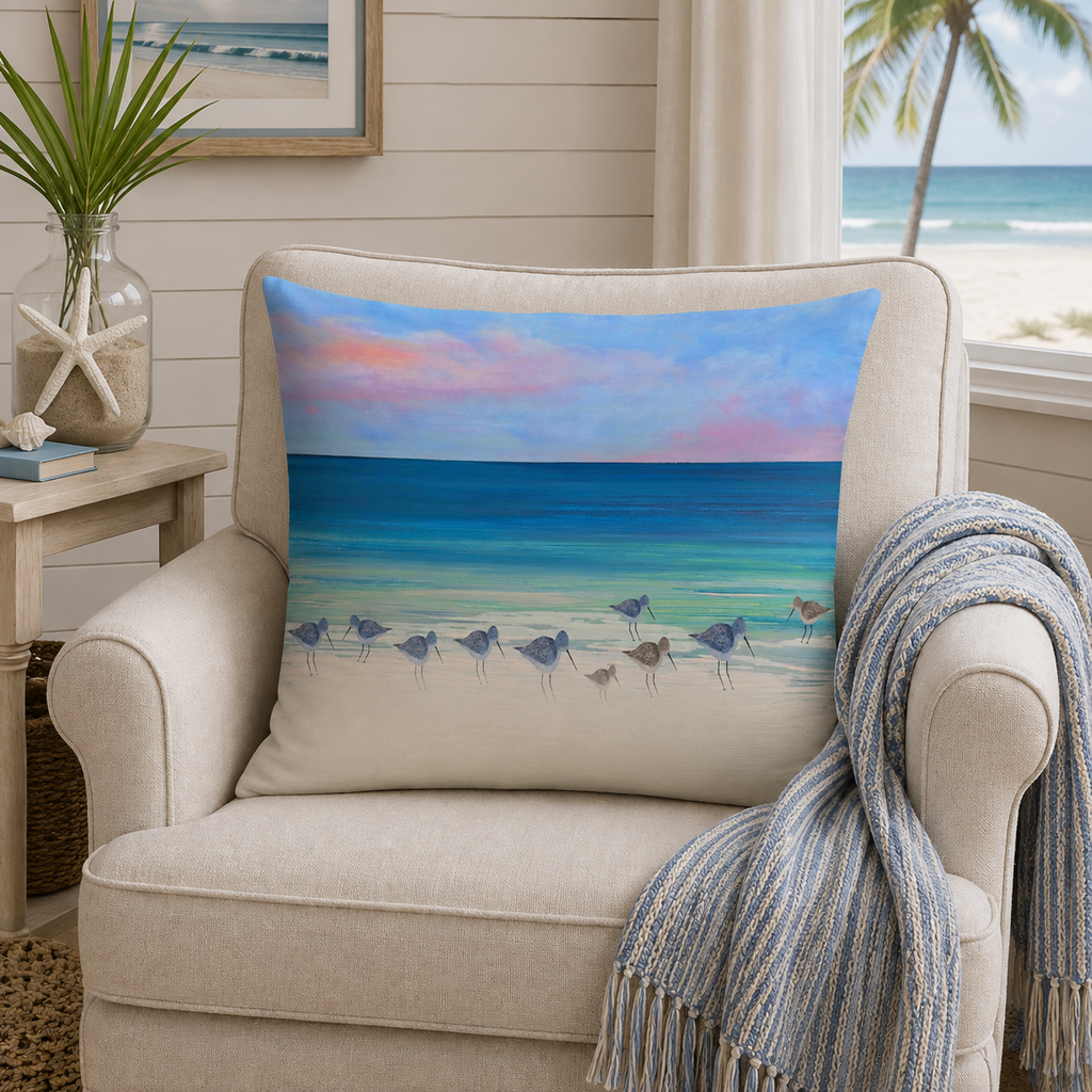 Beach Shorebirds Throw Pillow — Coastal Ocean Sunset Decorative Pillow