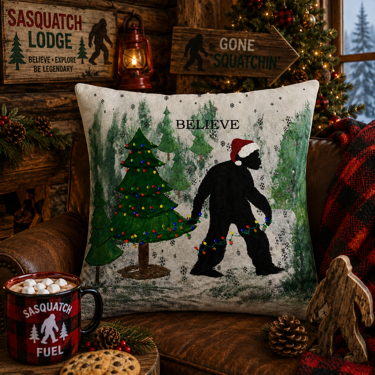 Christmas Bigfoot Pillow — 'Believe' Holiday Decorative Throw Pillow