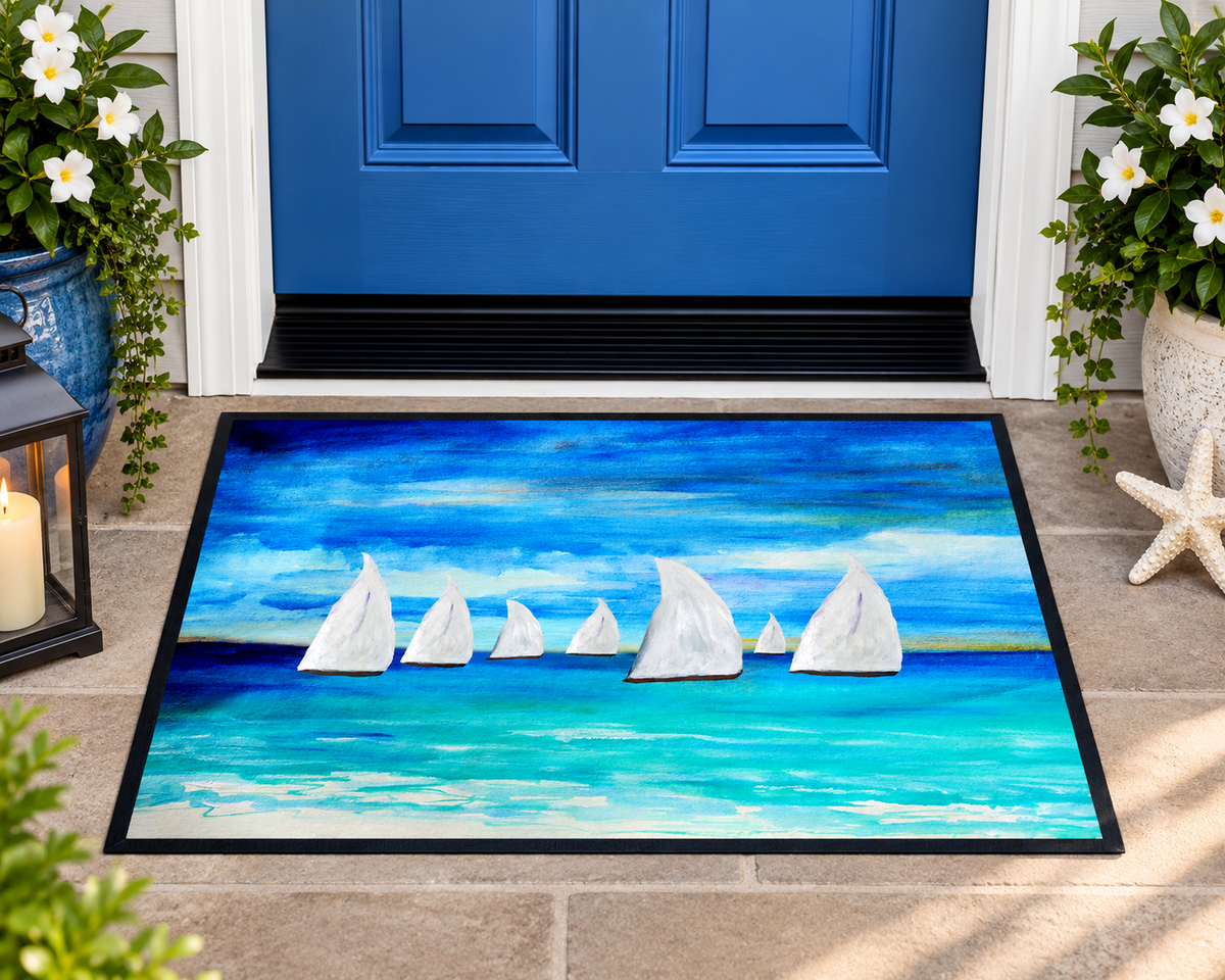Sailboat Seascape Heavy-Duty Floor Mat — Coastal Nautical Entry Rug