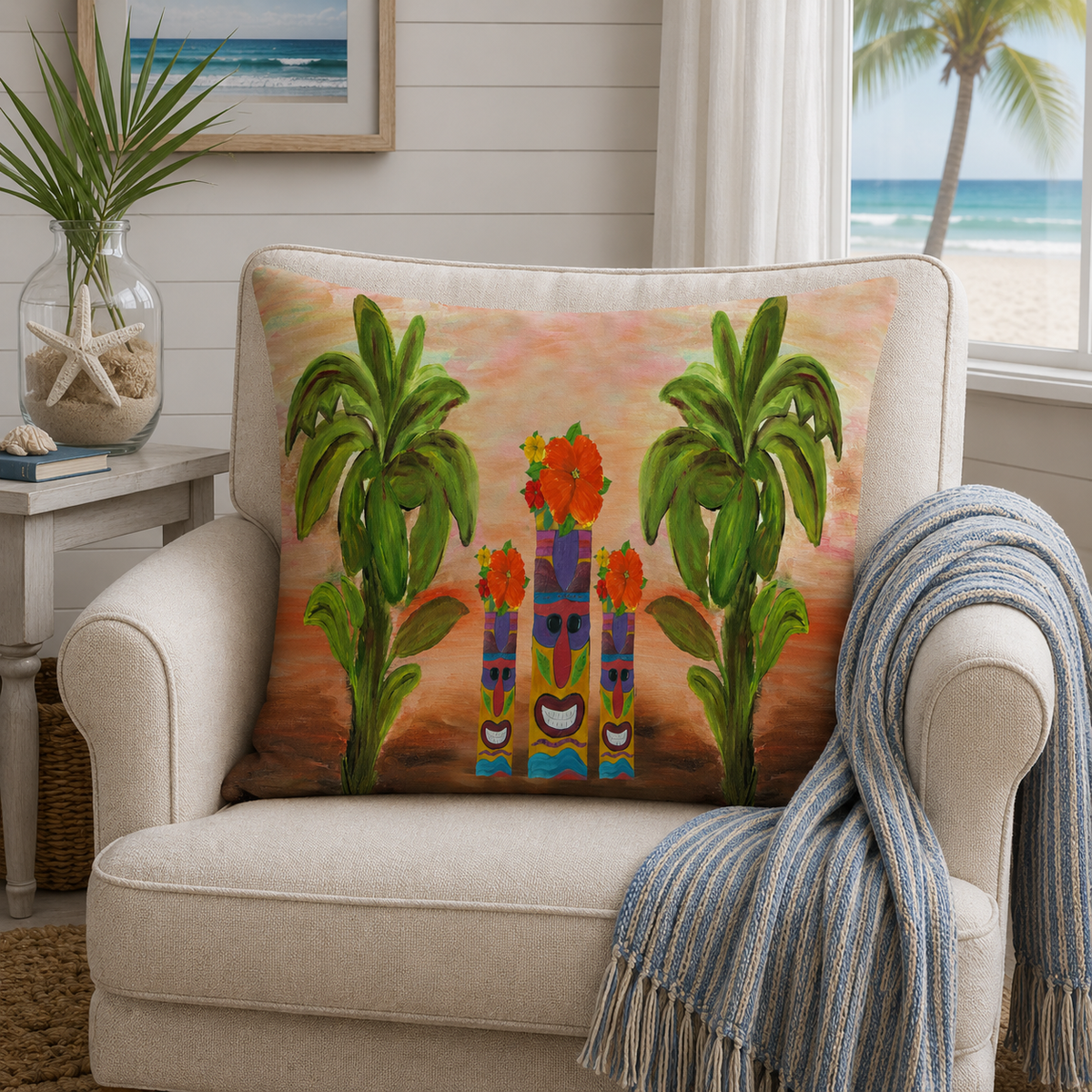 Tropical Tiki Flower Square Pillow — Tiki Man Totem Palm Throw
