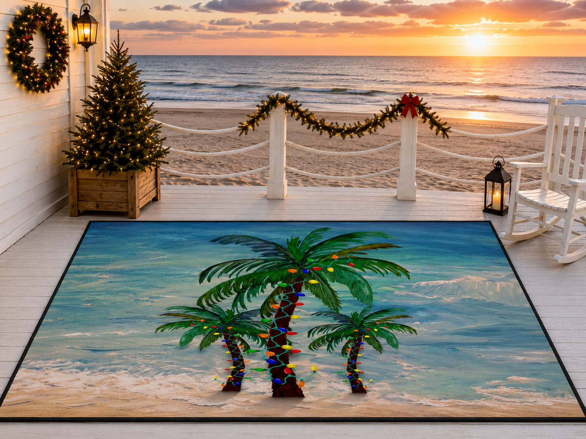 Tropical Palm Floor Mat — Palm Trees with String Lights Beach Doormat