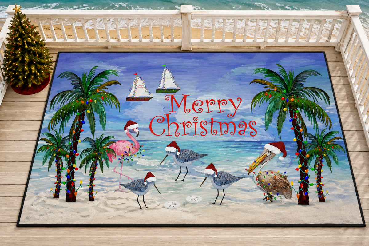 Coastal Christmas Floor Mat — “Merry Christmas” Palm Trees & Seagulls Heavy-Duty Doormat