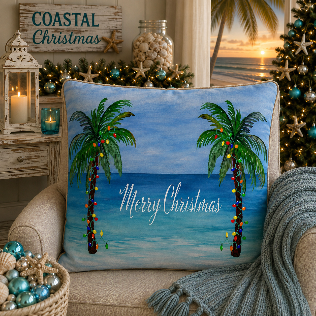 Merry Christmas Tropical Pillow — Palm Trees & Beach Holiday Throw Pillow