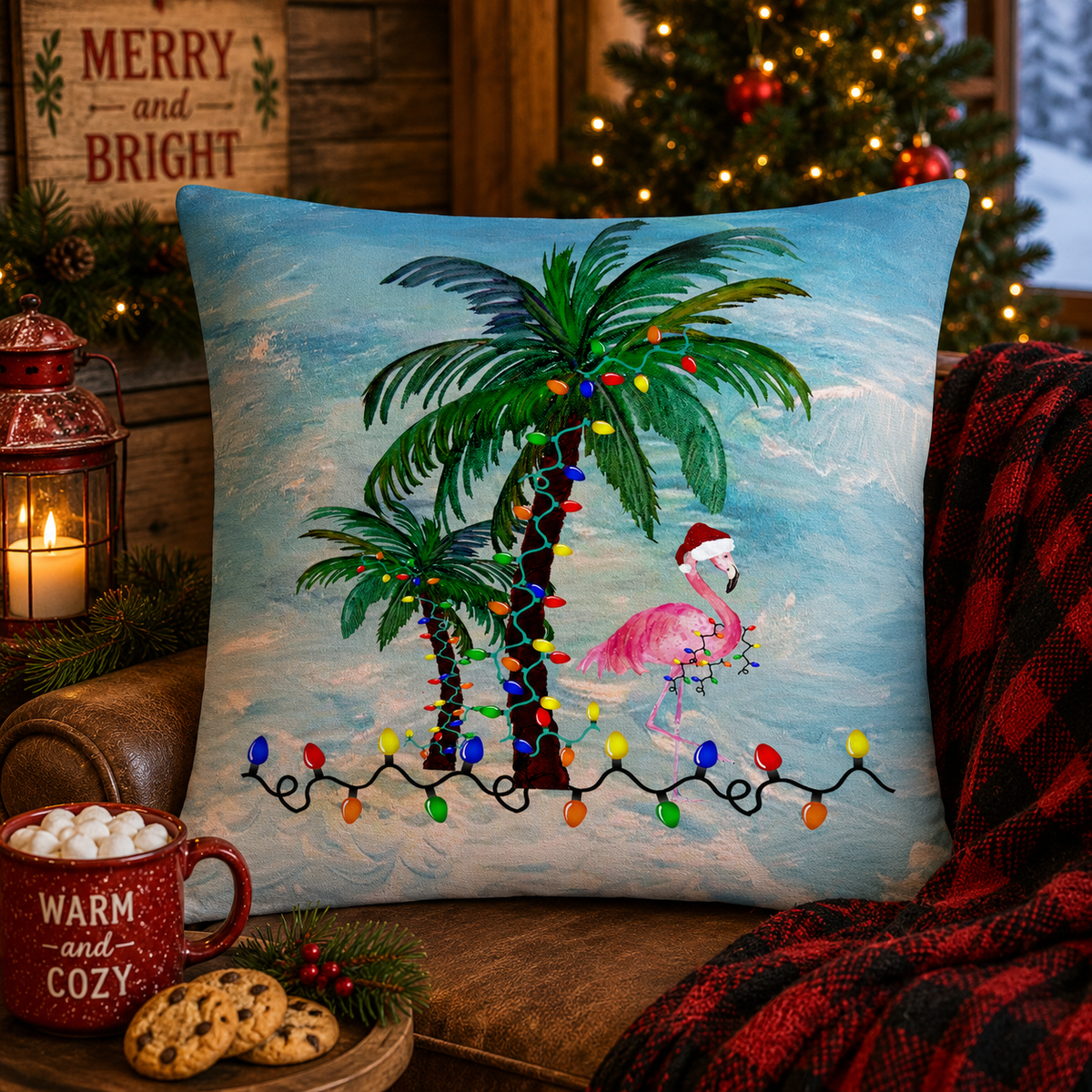 Tropical Christmas Palm Pillow — Flamingo with Holiday Lights