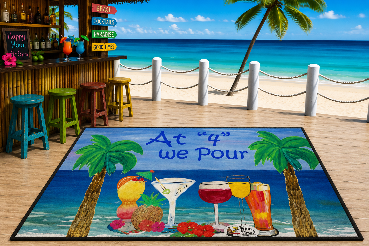 Heavy Duty Floor Mat — "At '4' We Pour" Tropical Cocktail Beach Doormat